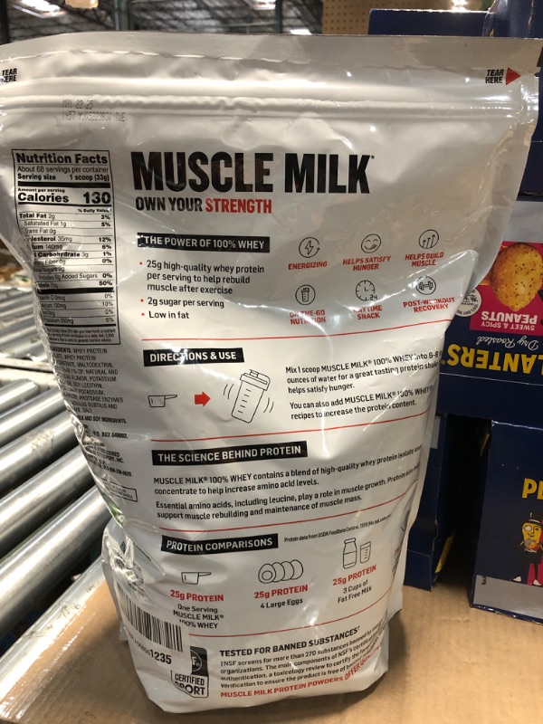 Photo 1 of ***(EXP: 5/22/25)NONREFUNDABLE*** Muscle Milk 100% Whey Protein Powder, Vanilla, 5 Pound, 68 Servings, 25g Protein, 2g Sugar, Low in Fat, NSF Certified for Sport, Energizing Snack, Workout Recovery, Packaging May Vary