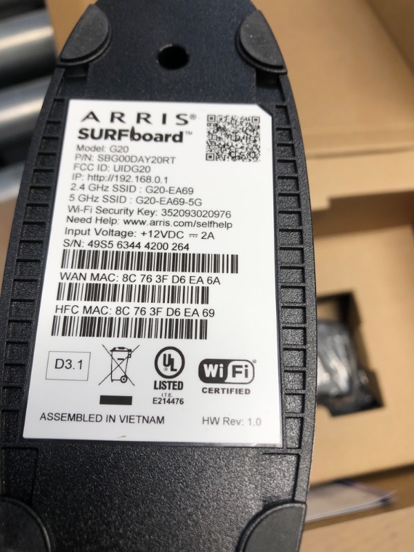 Photo 1 of (used)ARRIS (G20) - Cable Modem Router Combo - Fast DOCSIS 3.1 Multi-Gigabit WiFi 6 (AX3000), Approved for Comcast Xfinity, Cox, Spectrum & More, 1.0 Gbps Max Speeds, Next-Generation Upload Optimized
