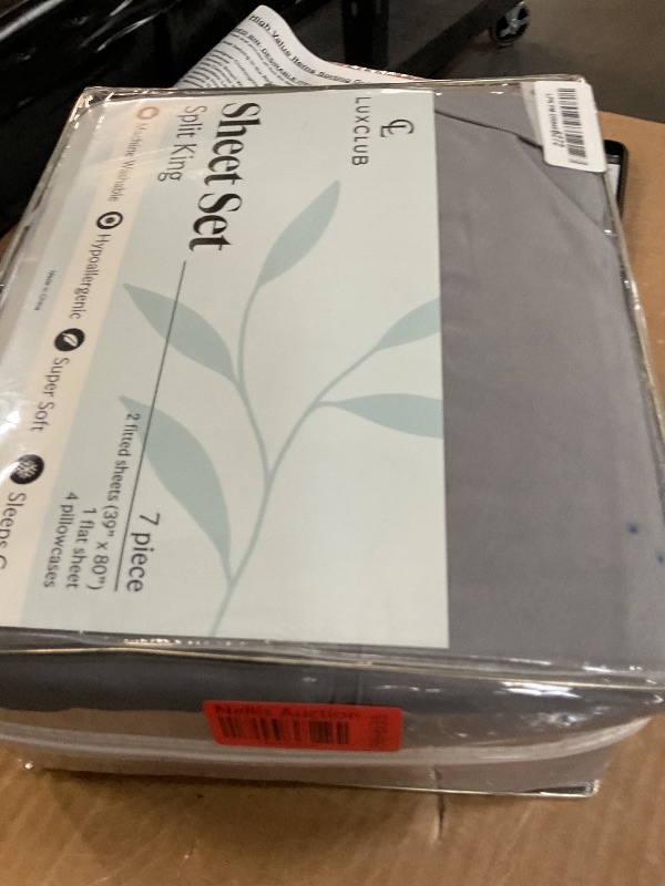 Photo 1 of **SEE NOTES** LuxClub 7 PC Split King Sheet Set Sheets Deep Pockets 18" Eco Friendly Wrinkle Free Cooling Sheets Machine Washable Hotel Bedding Silky Soft - Light Grey Split King