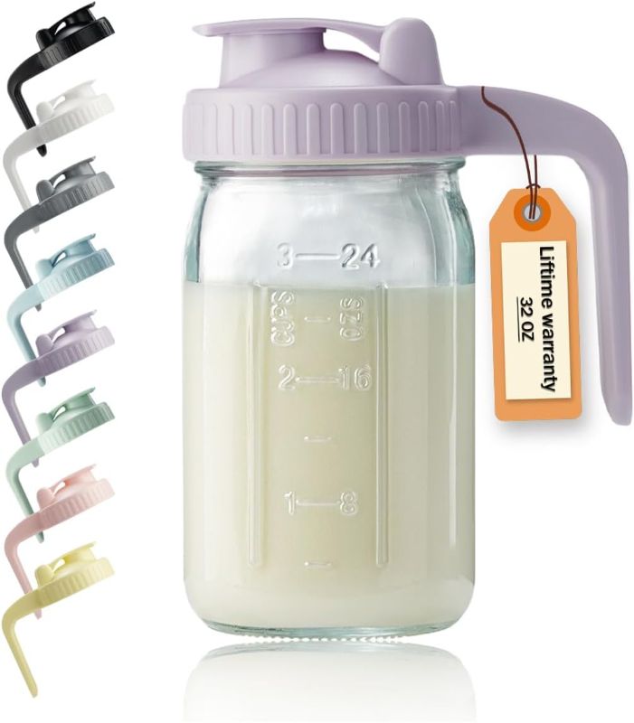 Photo 1 of 32oz Glass Pitcher with Lid & V-shaped Pour Spout - 1 Quart Breastmilk Pitcher Double Leak Proof, Creamer Container for Sun Tea, Juice, Cold Brew Coffee