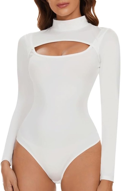 Photo 1 of **** PICTURE FOR REFERENCE ONLY **** *** CUT OUT IS IN MIDDLE**** ** SIZE L *** SHAPERIN Women's Cutout Front Bodysuit Tops Sleeveless/Long Sleeve Sexy T Shirt Leotard