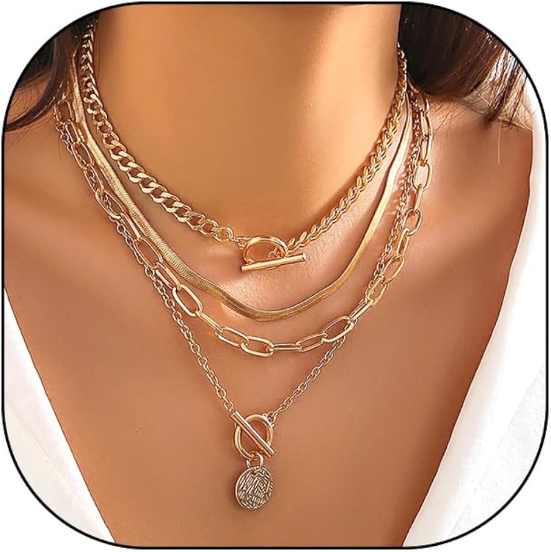 Photo 1 of FUTIMELY 4Pcs Layered 14k Gold Necklace Set for Women Men Chunky Herringbone Paperclip Chain Necklace Retro Coin Pendant Necklace Jewelry Accessories