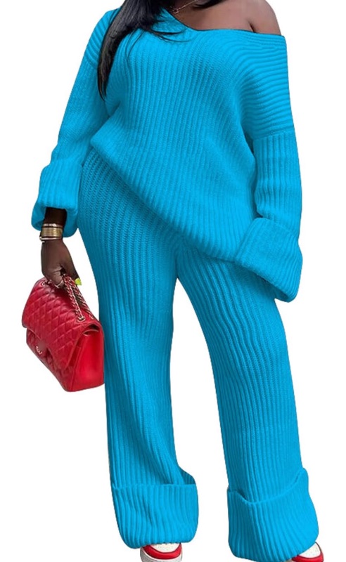 Photo 1 of *** PICTURE FOR REFERENCE ONLY ***Women's Ribbed Knit Tracksuits 2 Piece Sweater Pants Outfits Loose Fit Wide Leg Trousers Sets Knitwear White pants size S 