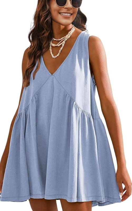 Photo 1 of **STOCK PHOTO IS FOR REFERENCE IN REGARDS TO THE STYLE THIS ITEM HAS POCKETS W/ A CLOSE V-NECK LINE*** LENETTA V NECK MINI DRESS SIZE M BLUEGREY
