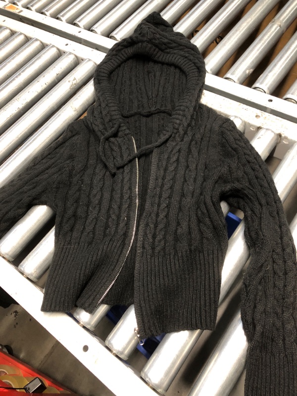 Photo 1 of **NO SIZE TAG, APPROX XS/S** SOLY HUX Women's Zip Up Hooded Crop Cardigan Cable Knit Hoodies Long Sleeve Y2k Sweater Jacket Solid Black 