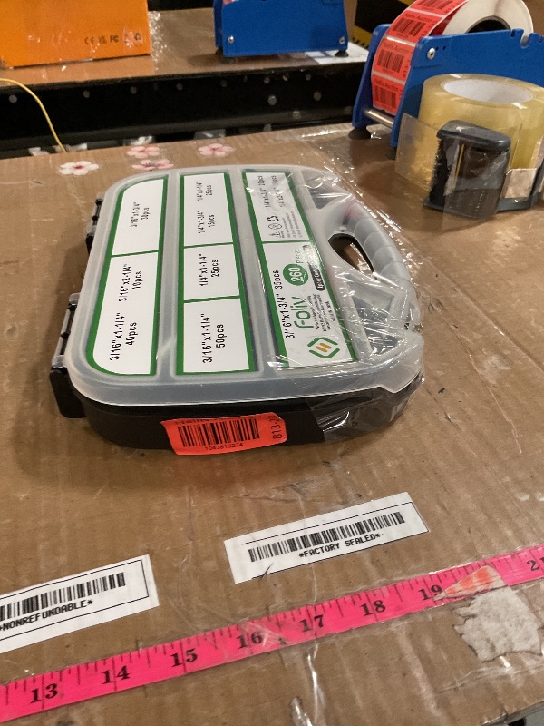Photo 1 of ***(CASE IS BROKEN/ UNKNOWN IF MISSING PARTS)***
FOLIV 260PCS Concrete Screws with Drill Bit, 1/4 3/16 Concrete Screws Assortment Kit, Flat & Hex Head Masonry Block Brick Cement Screws and Anchors, Diamond Point, Length from 1-1/4” to 2-1/4”