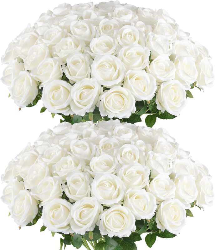 Photo 1 of (PARTS) Hananona 50 Pcs Artificial Roses in Bulk, Fake Velvet Silk White Roses Realistic White Roses for Wedding Centerpieces Flower Arrangement Home Decor (50, White)
