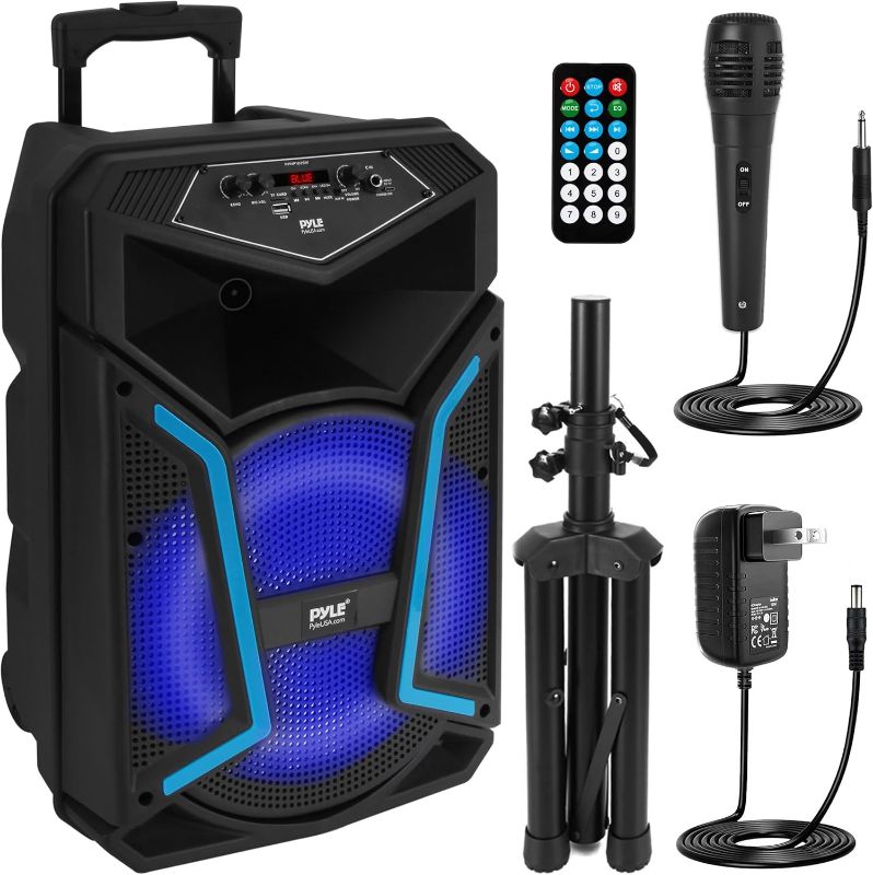 Photo 1 of **MISSING CHARGER AND REMOTE**
Pyle Portable Bluetooth PA Speaker System - 800W Outdoor Bluetooth Speaker Portable PA System w/ Microphone In, Party Lights, MP3/USB, FM Radio, Rolling Wheels - Mic, Remote - Pyle PPHP122SM,Black