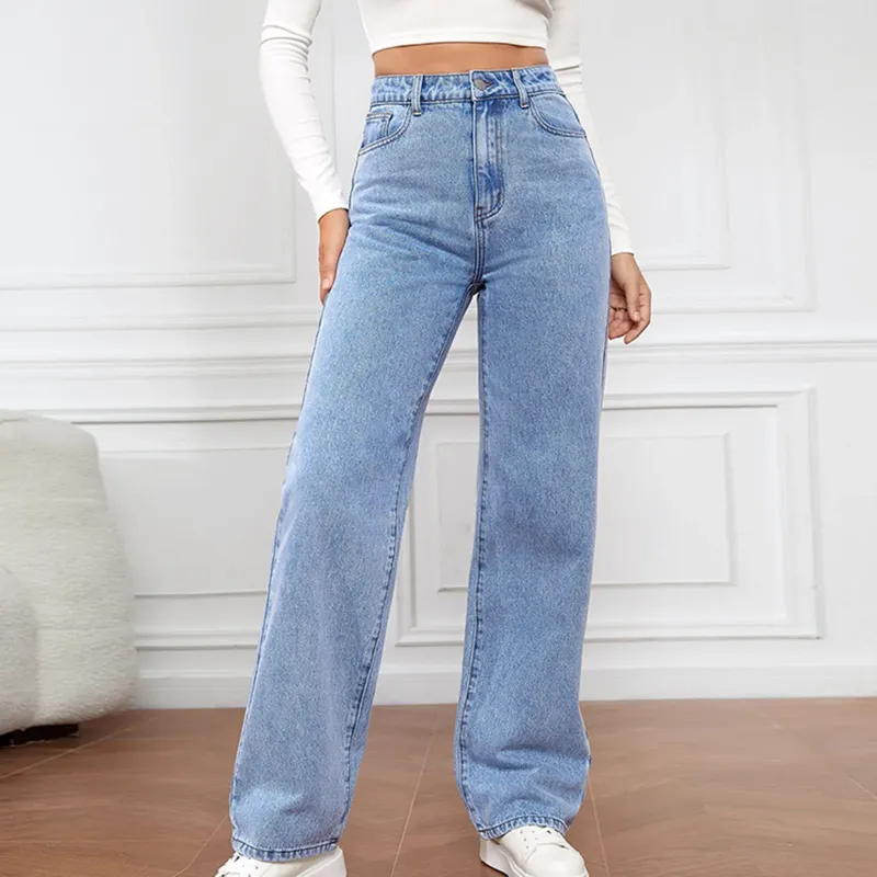 Photo 1 of XL--Koinshha Womens Flare Jeans High Waisted Wide Leg Baggy Stretch Boyfriend Denim Pants Trendy Blue