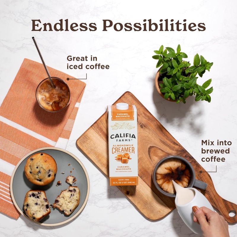 Photo 1 of Califia Farms - Caramel Macchiato Almond Milk Coffee Creamer, 32 Fl Oz (Pack of 6), Shelf Stable, Dairy Free, Plant Based, Vegan, Gluten Free, Non GMO, Almond Creamer BB 05/01/2025