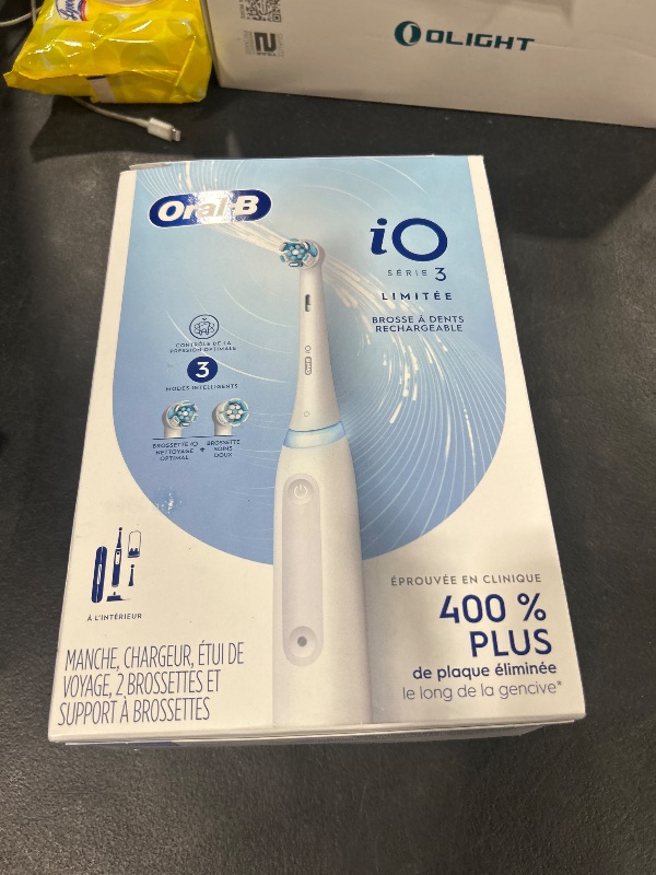 Photo 1 of Oral-B iO Deep Clean Rechargeable Electric Powered Toothbrush, White with iO Series 3 Limited, 2 Brush Heads and Travel Case - Pressure Sensor to Protect Gums - 3 Cleaning Settings - 2 Minute Timer