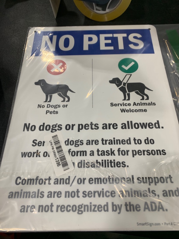 Photo 1 of SmartSign 14 x 10 inch “No Pets - No Dogs Or Pets Allowed, Comfort/Emotional Support Animals Not Service...” Metal Sign, 40 mil Laminated Rustproof Aluminum, Multicolor, Made in USA
