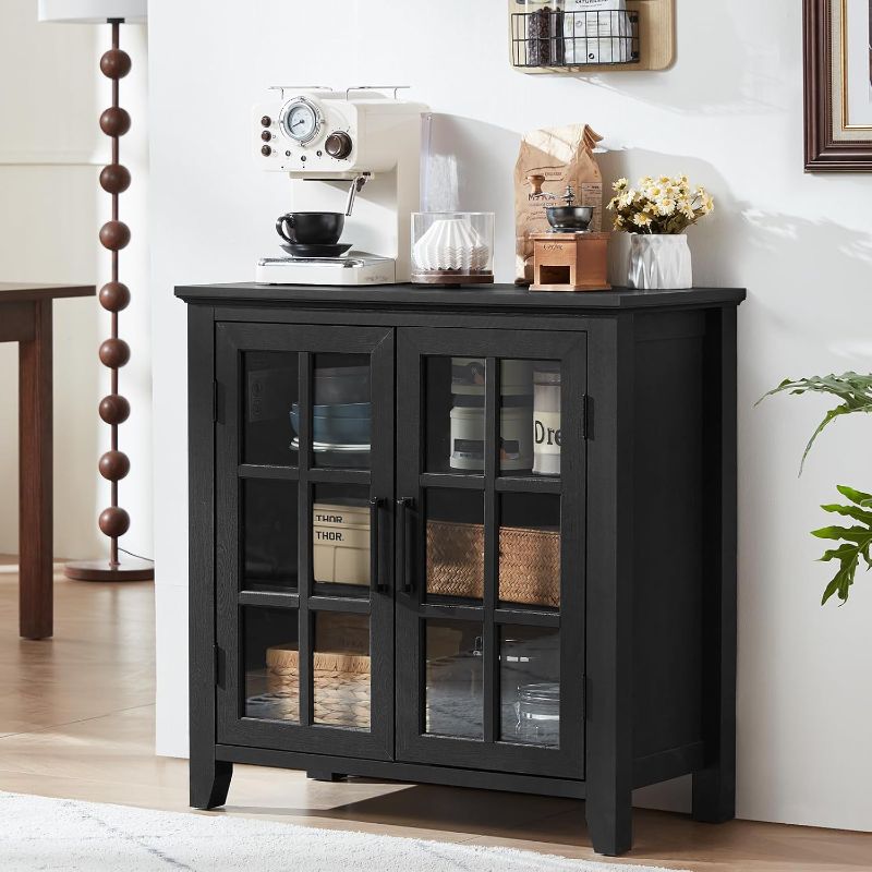 Photo 1 of  Cabinet with Storage, 32" Black Farmhouse Kitchen Coffee Wine Bar Cabinet with 2 Glass Doors, Wood Mid Century Modern...   STOCK PHOTO FOR REFERENCE ONLY

