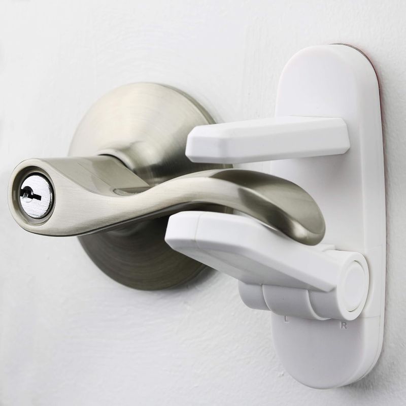 Photo 1 of Door Lever Locks (4 Pack) - Prevents Toddlers from Opening Doors - Durable ABS with 3M Adhesive - Easy One-Hand Operation for Adults, No Tools Needed

