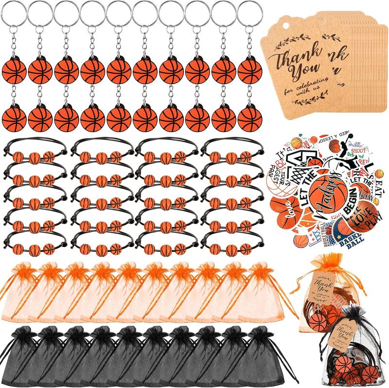 Photo 1 of 130 Pcs Basketball Party Favor Set Basketball Gift Bulk Charm Bracelets Keychains Sticker Organza Bags Thank You Tags for Team Party Supplies Boy Girl Classroom Reward Decoration Outdoor

