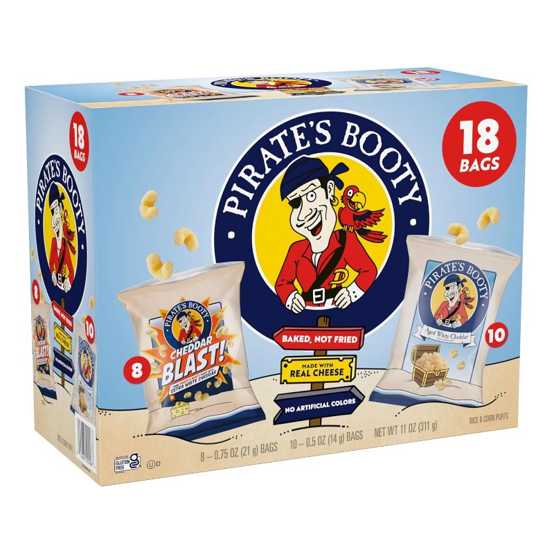 Photo 1 of Pirate's Booty Aged White Cheddar and Cheddar Blast Cheese Puffs Variety Pack, Gluten Free, Individual Size Snack Bags (18 Count) EXP-03/11/2025
