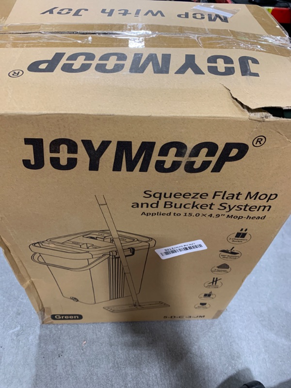 Photo 1 of JOYMOOP Mop and Bucket with Wringer Set, Flat Squeeze Mop with Bucket (X-Large), Dust Mop for Wall Cleaner with Long Handle, Microfiber Mop - Green Bucket with 3 Reusable 15" Pads