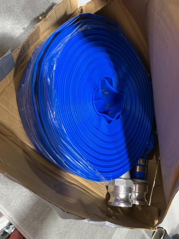 Photo 1 of DAVCO 1-1/2" ID × 100 ft PVC Lay Flat Discharge Hose, Heavy Duty Reinforced Blue Pool Backwash Hoses For Swimming Drain Pools, with Aluminum Camlock C and E Fittings, Cam Lock Fitting Type F included