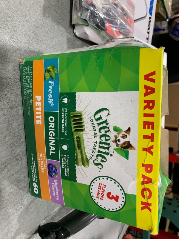 Photo 1 of BB 05/2026
Greenies Petite Natural Dental Care Dog Treats, 3-Flavor Variety Pack, (3) 12 oz. Pouches, 60 Total Treats