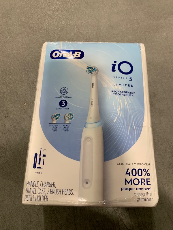 Photo 1 of Oral-B iO Deep Clean Rechargeable Electric Powered Toothbrush, White with iO Series 3 Limited, 2 Brush Heads and Travel Case - Pressure Sensor to Protect Gums - 3 Cleaning Settings - 2 Minute Timer