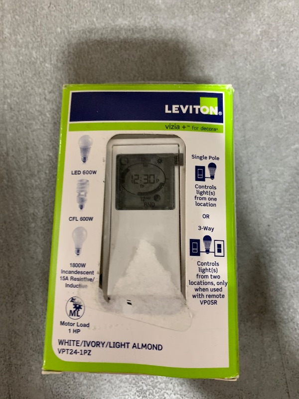 Photo 1 of Leviton Decora Programmable and Astronomical Timer Switch for Lights and Motor Loads, Neutral Wire Required, Single Pole or 3-Way, VPT24-1PZ, White with Ivory and Light Almond Faceplates