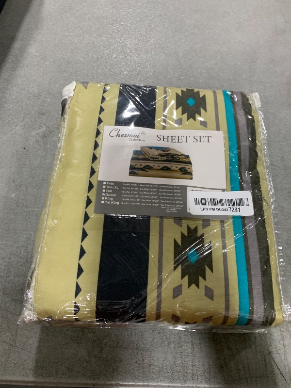 Photo 1 of Chezmoi Collection Prescott 4-Piece Southwestern Geometric Tribal Multicolor Teal Beige Black Gray Sheet Set, Queen Size