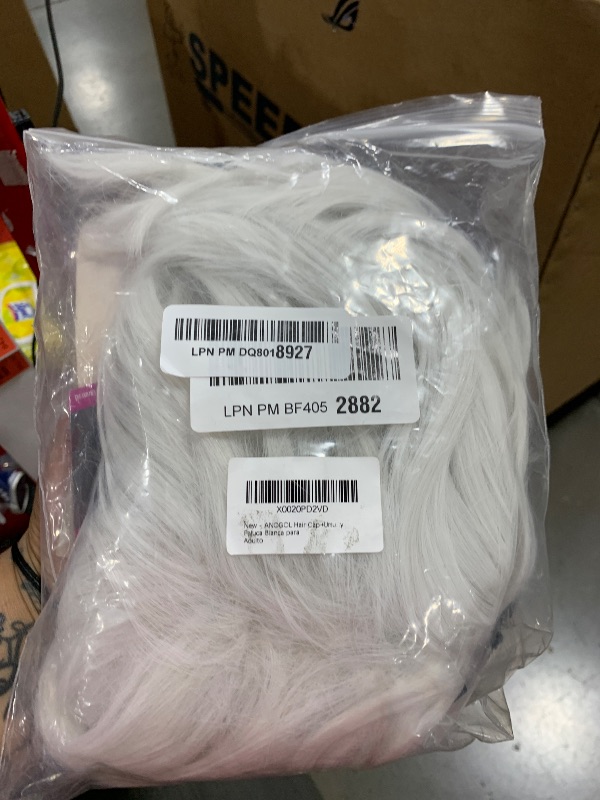 Photo 1 of ANOGOL Hair Cap+ Short Layered White with Slightly Grey Wig for Women Short White Wig Sea Witch Wig Anime Scientist Wig for Halloween Party Cosplay