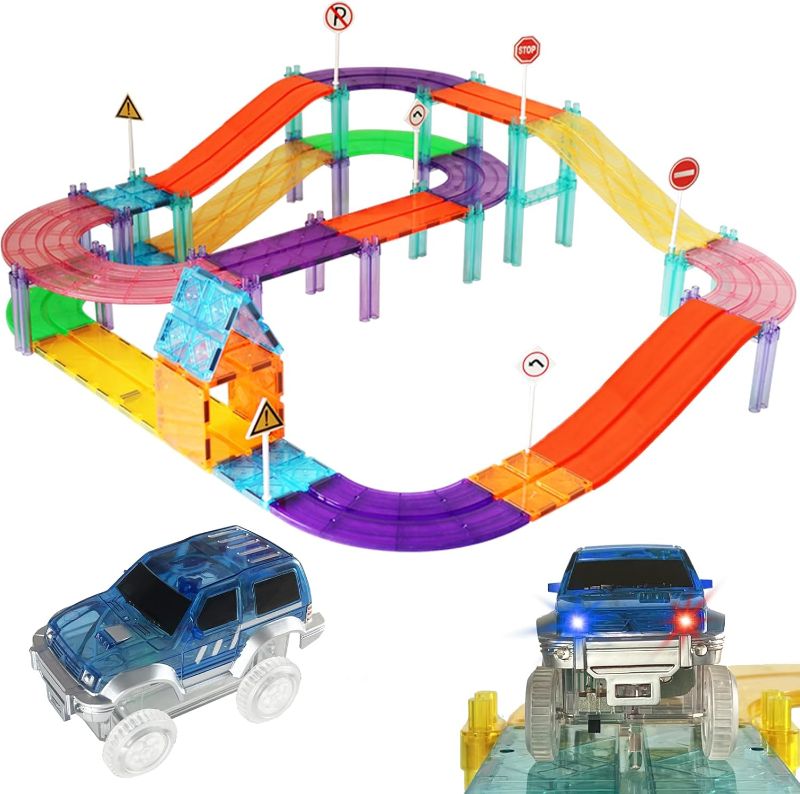 Photo 1 of 97PCS Magnetic Race Track Magnet Tiles Road Set Toys for Kids with LED Cars Roads Signs STEM Sensory Educational Learning Sensory Montessori Toy for Toddlers Boys Girls Age 3-7 4-8 8-10
