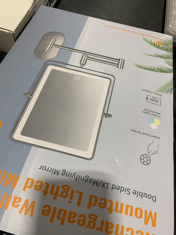 Photo 1 of FASCINATE Rechargeable Wall Mounted Makeup Mirror, Bathroom Mirror Rectangle 8.7 Inch Double Sided 1X 10X Magnifying, 3 Color Setting, Extended Arm 360° Swivel Foldable Chrome