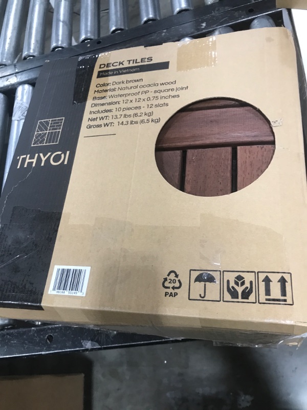 Photo 1 of Idzo Interlocking Deck Tiles - 10PCS Waterproof Acacia Wood Patio Tiles, Flooring Tiles for Both Indoor and Outdoor - Decking Stripe Pattern, Dark Brown, 12 x 12 x 0.9 inches
