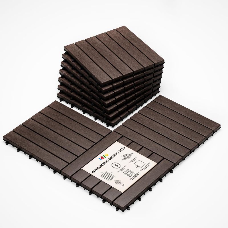 Photo 1 of Idzo Interlocking Deck Tiles - 10PCS Waterproof Acacia Wood Patio Tiles, Flooring Tiles for Both Indoor and Outdoor - Decking Stripe Pattern, Dark Brown, 12 x 12 x 0.9 inches
