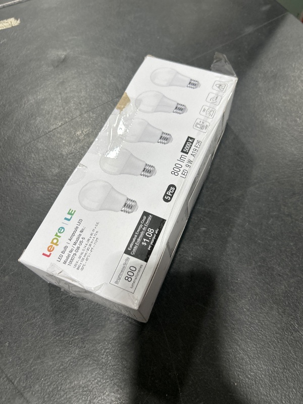 Photo 1 of LE LED Light Bulbs 60 Watt Equivalent, 9W 800 Lumens Non-Dimmable, Daylight White 5000K, A19 E26 Standard Medium Base, 10000 Hour Lifetime 5 Count (Pack of 1)