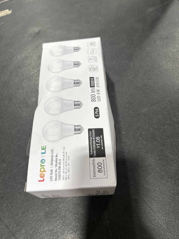 Photo 1 of LE LED Light Bulbs 60 Watt Equivalent, 9W 800 Lumens Non-Dimmable, Daylight White 5000K, A19 E26 Standard Medium Base, 10000 Hour Lifetime 5 Count (Pack of 1)