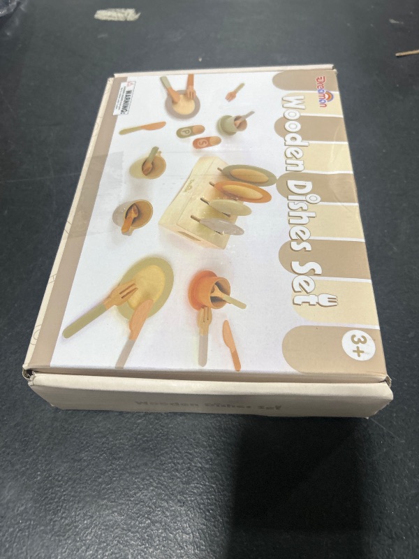 Photo 1 of Wooden Play Dishes and Plates for Kids Kitchen Set, 27 PCS Wooden Play Kitchen Accessories, Kitchen Toy for Toddlers Boys Girls 3 4 5 6