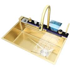 Photo 1 of FIVIXIL Kitchen sink double waterfall sink with LED display with cup washer, soap dispenser, waterfall mixer, worktop controller, etc. workstation kitchen sink (GOLD , 31.5 * 18.1 * 8.7 IN)