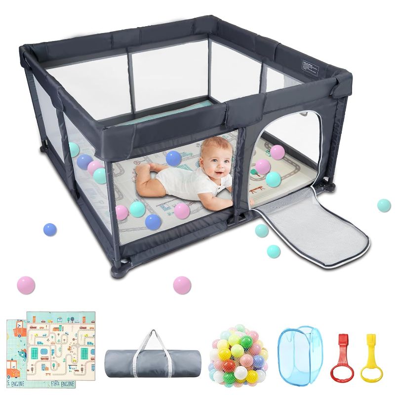 Photo 1 of aby Playpen with Mat, 79”×71” Playpen, Durable and Secure Baby Play Pen, Indoor & Outdoor Kids Activity Play Center. Equipped with Anti-Slip Suckers and a Zipper Gate, Anti-Fall?Grey?