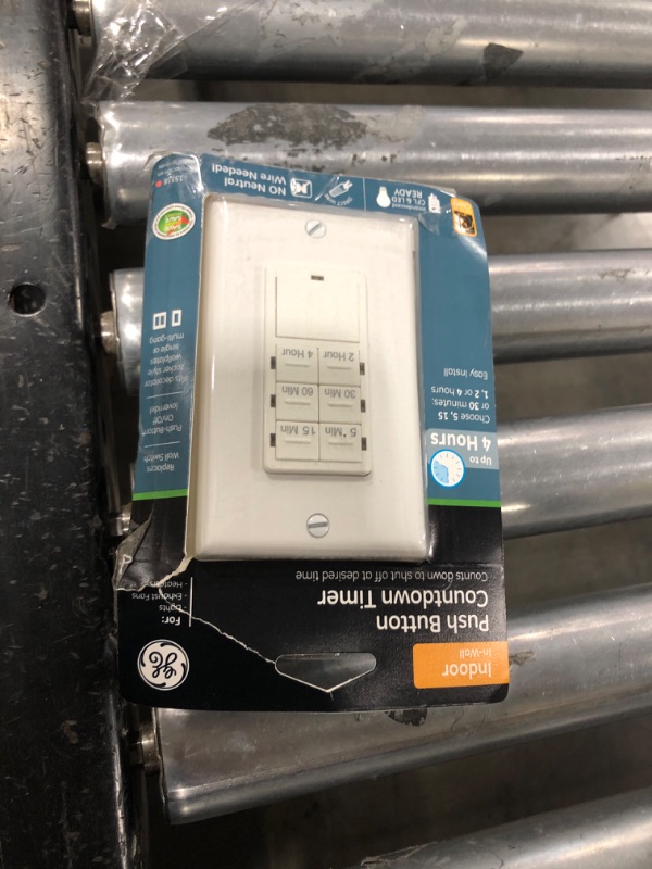 View 2 of GE Push-Button Countdown Timer, 5-15-30 Min/1-2-4 Hour, ON/Off, No Neutral Wire, Ideal for Lights, Fans, Heaters, Wall Plate, Light and Fan Timer Switch, 15318 White
