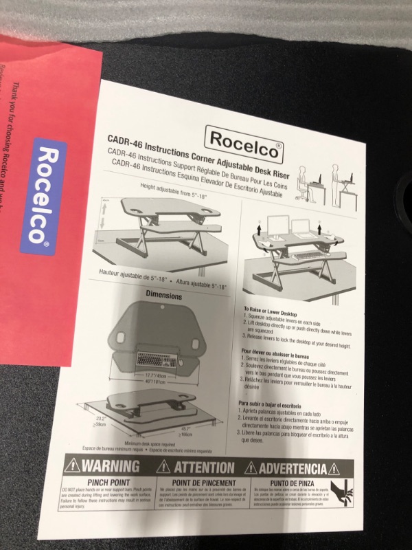 Photo 1 of Rocelco 46" Height Adjustable Corner Standing Desk Converter - Quick Sit Stand Up Dual Monitor Riser - Gas Spring Assist Tabletop Computer Workstation - Large Keyboard Tray - Black (R CADRB-46)