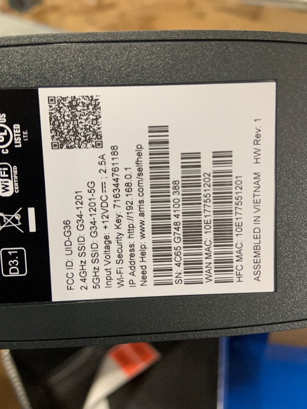Photo 1 of ARRIS (G34) - Cable Modem Router Combo - Fast DOCSIS 3.1 Gigabit WiFi 6 (AX3000), Approved for Comcast Xfinity, Cox, Spectrum & More, 1 Gbps Max Internet Speeds