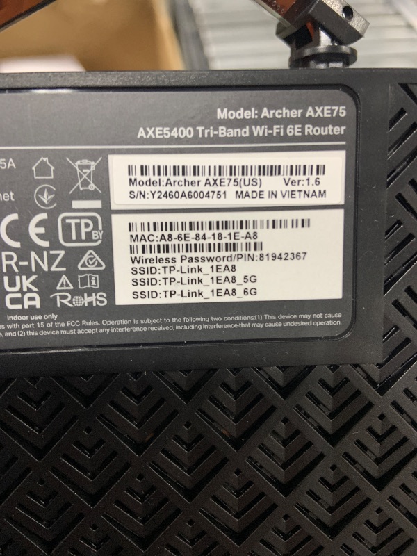 Photo 1 of TP-Link AXE5400 Tri-Band WiFi 6E Router (Archer AXE75)- Gigabit Wireless Internet Router, ax Router for Gaming, VPN Router, OneMesh, WPA3, Black