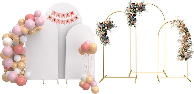 Photo 1 of MYSWEETY Set of 3 Metal Arch Backdrop Stand and Cover Set, 4FT/5FT/6FT Wedding Arch Frame, Gold Arch Stand for Birthday, Party, Baby Shower, Ceremony Decor(White)
