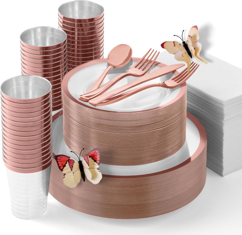 Photo 1 of By Madee HEAVYWEIGHT 400 Pcs Clear and Rose Gold Plastic Plates for Party | Fancy Disposable Dinnerware Set | Rose Gold Plastic Dinnerware Set 50 Guests | Gift of 3D Butterflies