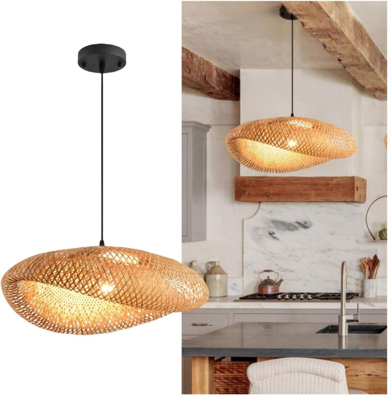 Photo 1 of Boho Bamboo Pendant Light, 19.7in Farmhouse Hand-Woven Rattan Chandelier Coastal Wicker Lighting Fixtures Hanging Lamp for Kitchen Island Dining Living Room Restaurants Bedroom

