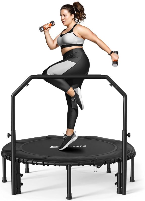 Photo 1 of BCAN 450/550 LBS Foldable Mini Trampoline, 40"/48" Adult Fitness Trampoline with Bungees, U Shape Adjustable Foam Handle, Stable & Quiet Exercise Rebounder,Indoor/Outdoor Workout
