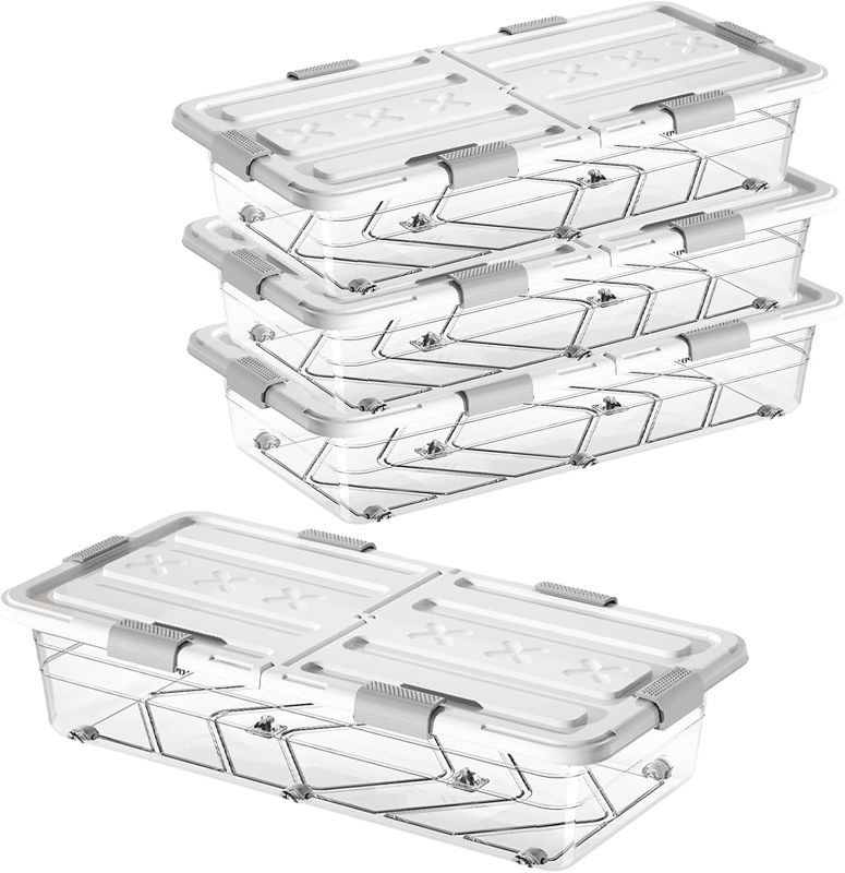 Photo 1 of 4 Pack Under Bed Storage Bin, Plastic Under Bed Storage Container with Lids, Clear Stackable Under Bed Storage Box for Shoes, Clothes, Books, Blankets
