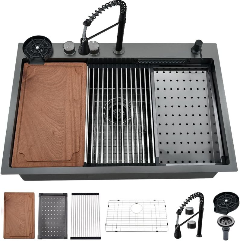 Photo 1 of 30 Inch Drop In Kitchen Sink Splash Guard Workstation -HACHENL 30x22 Inch Drop In Splashproof Sink Equipped With Solid Wood Cutting Boards And Other Accessories