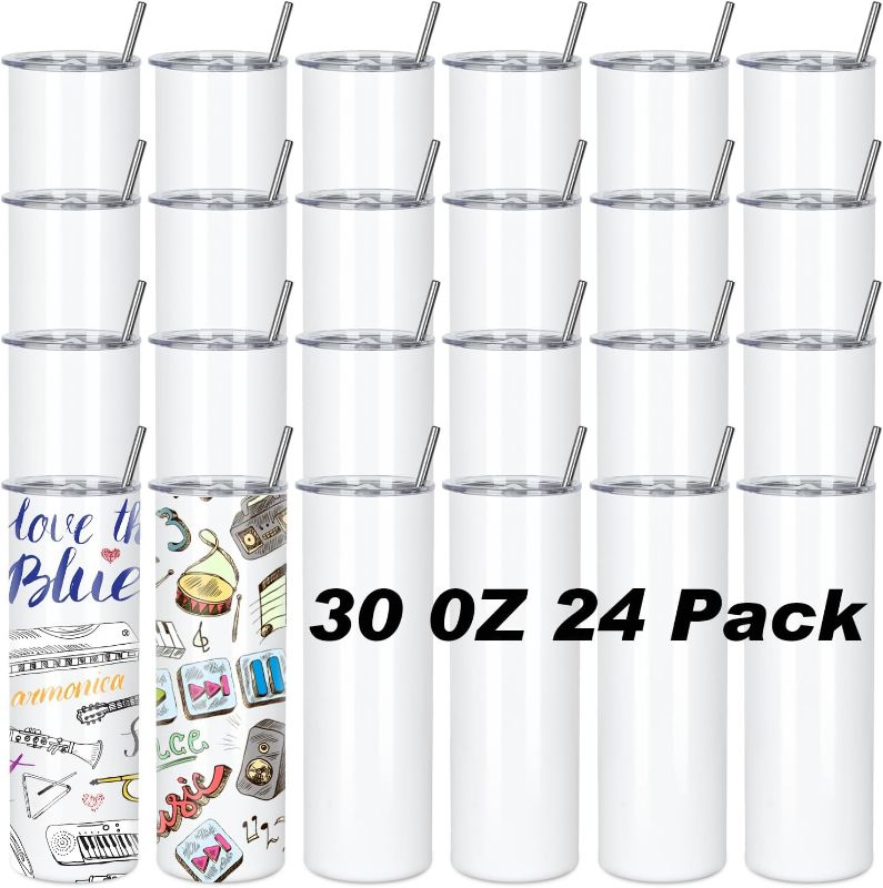 Photo 1 of 30 Oz Sublimation Tumblers Bulk (24 Pack) - Stainless Steel Double Wall Vacuum Insulated Cups With Straw, Individually Boxed
