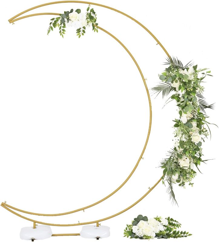 Photo 1 of Vincidern 6.9ft Balloon Arch Stand Curved Wedding Arch Backdrop Stand, Moon Arch for Ceremony Birthday Party Bride Baby Shower, Half Curved Arch Backdrop Stand with Rectangular Base (Gold)
