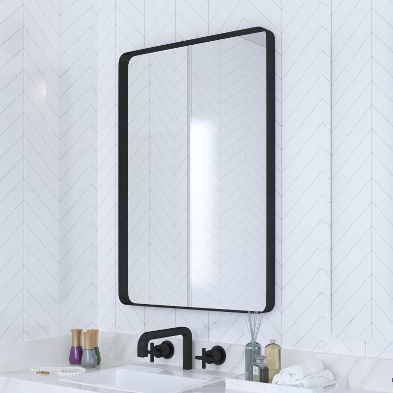 Photo 1 of Black Bathroom Mirror for Wall, 18 x 26 Inch Rounded Rectangle Metal Framed Bathroom Wall Vanity Mirror Farmhouse, 1/4-inch Shatterproof Glass | Ultra-Flush Hanging
