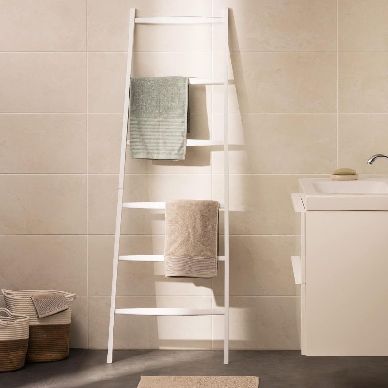 Photo 1 of Navaris Bamboo Towel Ladder - Rack Rail Blanket, Towel, Clothes, Linen Railing Hanger for Bathroom, Bedroom - Bamboo Towel Holder Stand - White
